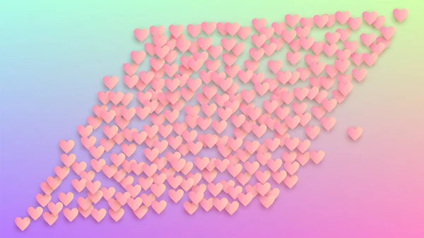 Bruiloft achtergrond. Hart Confetti patroon. Vele willekeurige vallende roze harten op Hologram achtergrond. Sjabloon voor folder. Vector bruiloft achtergrond. — Stockvector