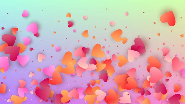 Antecedentes. Patrón de Confetti del corazón. Muchos corazones bellos que caen al azar en el telón de fondo del holograma. Plantilla de tarjeta. Vector Amor Fondo . — Vector de stock