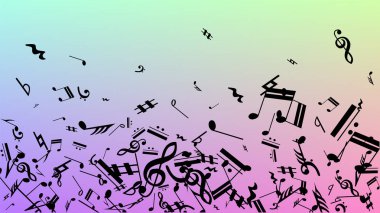 Disko arka plan. Hologram zemin üzerine düşen siyah müzik notaları sembolü. Birçok rasgele düşen notlar, bas ve G nota anahtarı. Disko vektör şablonu ile müzikal sembolleri.