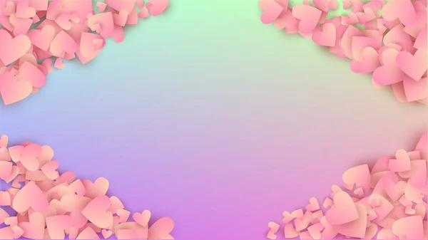 Любовний фон. Шаблон плакату. Багато випадкових фіолетових сердець на фоні голограми. Візерунок серця Confetti. Векторне кохання тло . — стоковий вектор