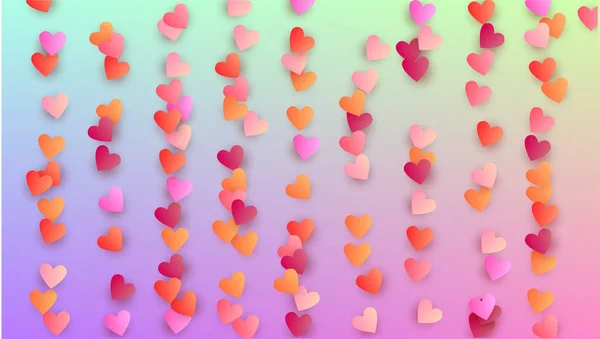 Fondo del Día de San Valentín. Patrón de Confetti del corazón. Plantilla de póster. Muchos corazones morados que caen al azar en el telón de fondo del holograma. Vector Día de San Valentín Fondo . — Vector de stock