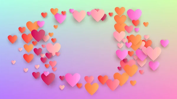 Un fond d'amour. Modèle de confettis de coeur. Modèle de dépliant. Beaucoup de coeurs magnifiques tombant aléatoirement sur fond d'hologramme. Fond d'amour vectoriel . — Image vectorielle