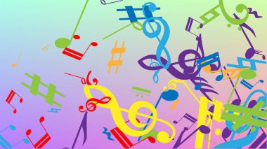 Disko arka planı. Rastgele Düşen Notalar, Bas ve Üçlü Anahtar. Renkli Müzik Notaları Sembolü Hologram Arkaplanına Düşüyor. Müzikal Sembollü Disko Vektör Şablonu.