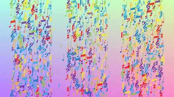 Disco achtergrond. Kleurrijke Musical Notes Symbool Vallen op Hologram Achtergrond. Veel Random Falling Notes, Bass en, Treble Clef. Disco vectorsjabloon met muzikale symbolen. — Stockvector