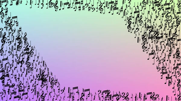 Disco-Hintergrund. viele zufällig fallende Töne, Bass und, Violinschlüssel. schwarzes Notensymbol, das auf Hologramm-Hintergrund fällt. Disco-Vektorvorlage mit musikalischen Symbolen. — Stockvektor
