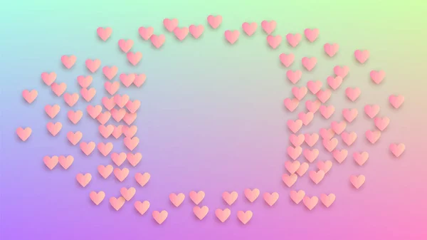 Hochzeit Hintergrund. Herz-Konfetti-Muster. viele zufällig fallende lila Herzen auf Hologrammhintergrund. Einladungsvorlage. Vektor Hochzeit Hintergrund. — Stockvektor