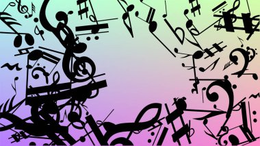 Disko arka plan. Birçok rasgele düşen notlar, bas ve G nota anahtarı. Hologram zemin üzerine düşen siyah müzik notaları sembolü. Disko vektör şablonu ile müzikal sembolleri.