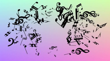 Disko arka plan. Birçok rasgele düşen notlar, bas ve G nota anahtarı. Hologram zemin üzerine düşen siyah müzik notaları sembolü. Disko vektör şablonu ile müzikal sembolleri.
