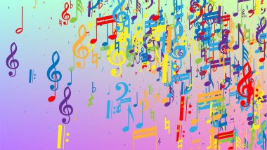 Disko arka planı. Renkli Müzik Notaları Sembolü Hologram Arkaplanına Düşüyor. Rastgele Düşen Notalar, Bas ve Üçlü Anahtar. Müzikal Sembollü Disko Vektör Şablonu.