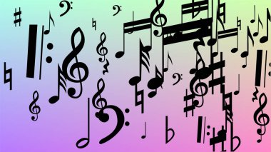 Disko arka plan. Birçok rasgele düşen notlar, bas ve tiz nota anahtarı. Hologram zemin üzerine düşen siyah müzik notaları sembolü. Disko vektör şablonu ile müzikal sembolleri.