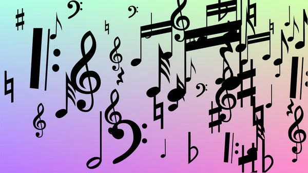 Contexte disco. Many Random Falling Notes, Bass and, Treble Clef. Symbole de notes musicales noires tombant sur fond d'hologramme. Modèle vectoriel disco avec symboles musicaux . — Image vectorielle