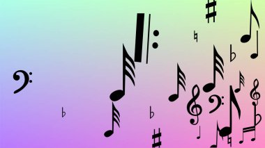 Disko arka plan. Birçok rasgele düşen notlar, bas ve G nota anahtarı. Hologram zemin üzerine düşen siyah müzik notaları sembolü. Disko vektör şablonu ile müzikal sembolleri.