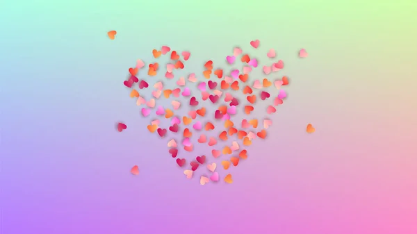 Un fond d'amour. Beaucoup de coeurs roses tombant aléatoirement sur fond d'hologramme. Modèle de bannière. Modèle de confettis de coeur. Fond d'amour vectoriel . — Image vectorielle