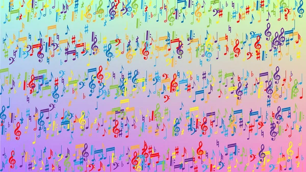Disco-Hintergrund. Bunte Notensymbole fallen auf Hologrammhintergrund. Viele Zufallsnoten, Bass und, G-Schlüssel. Disco Vector Template mit musikalischen Symbolen. — Stockvektor