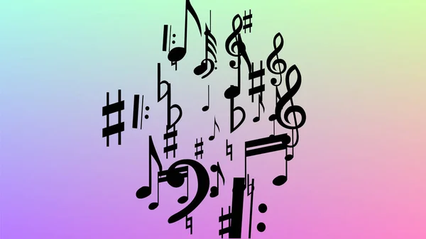 Contexte disco. Many Random Falling Notes, Bass and, Treble Clef. Symbole de notes musicales noires tombant sur fond d'hologramme. Modèle vectoriel disco avec symboles musicaux . — Image vectorielle