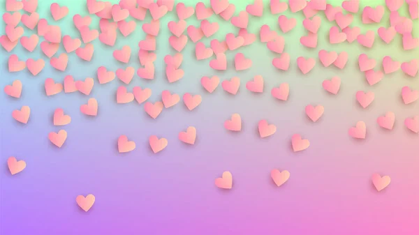 Fondo de boda. Muchos corazones rosados que caen al azar en el telón de fondo del holograma. Patrón de Confetti del corazón. Plantilla de folleto. Fondo de boda vectorial . — Vector de stock