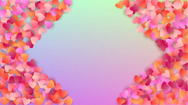 Antecedentes. Muchos corazones bellos que caen al azar en el telón de fondo del holograma. Plantilla de banner. Patrón de Confetti del corazón. Vector Amor Fondo . — Vector de stock