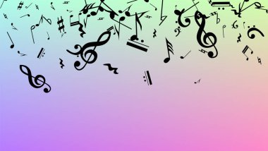Disko arka plan. Birçok rasgele düşen notlar, bas ve G nota anahtarı. Hologram zemin üzerine düşen siyah müzik notaları sembolü. Disko vektör şablonu ile müzikal sembolleri.