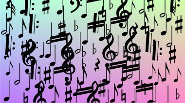 Disko arka plan. Hologram zemin üzerine düşen siyah müzik notaları sembolü. Birçok rasgele düşen notlar, bas ve G nota anahtarı. Disko vektör şablonu ile müzikal sembolleri.