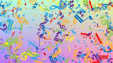 Disko arka planı. Rastgele Düşen Notalar, Bas ve Üçlü Anahtar. Renkli Müzik Notaları Sembolü Hologram Arkaplanına Düşüyor. Müzikal Sembollü Disko Vektör Şablonu.