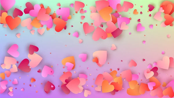 Der Hintergrund des Valentinstages. Plakatvorlage. viele zufällig fallende rosa Herzen auf Hologrammhintergrund. Herz-Konfetti-Muster. Vektor Valentinstag Hintergrund. — Stockvektor