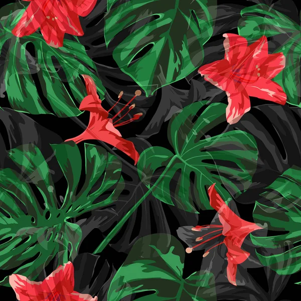 Hawaiian Flowers.  Exotic Palm Greenery Backdrop. Summer Design for Swimwear. Repeat Illustration. Hawaiian Flowers and Leaves. — Stock Vector
