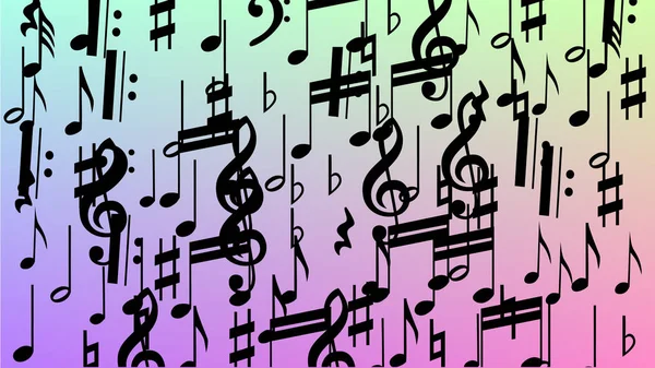 Disko arka plan. Hologram zemin üzerine düşen siyah müzik notaları sembolü. Birçok rasgele düşen notlar, bas ve G nota anahtarı. Disko vektör şablonu ile müzikal sembolleri.