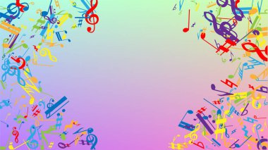 Disko arka planı. Renkli Müzik Notaları Sembolü Hologram Arkaplanına Düşüyor. Bir sürü rasgele Düşen Notalar, Bas ve G Clef. Müzikal Sembollü Disko Vektör Şablonu.