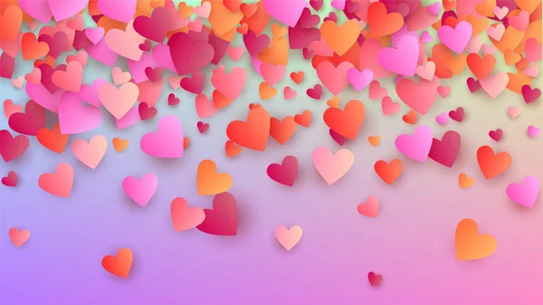 Fondo del Día de San Valentín. Patrón de Confetti del corazón. Plantilla de banner. Muchos corazones bellos que caen al azar en el telón de fondo del holograma. Vector Día de San Valentín Fondo . — Archivo Imágenes Vectoriales