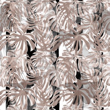 Tropik çiçekler. Resimde yinelenen. Yaz mayo için tasarım. Egzotik palmiye yeşillik zemin. Tropik çiçekler ve yapraklar.