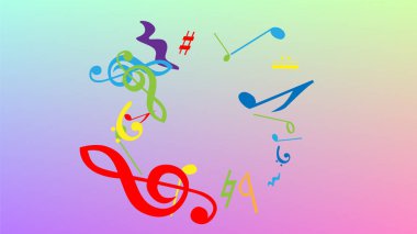 Disko arka planı. Rastgele Düşen Notalar, Bas ve Üçlü Anahtar. Renkli Müzik Notaları Sembolü Hologram Arkaplanına Düşüyor. Müzikal Sembollü Disko Vektör Şablonu.