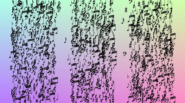 Contexte disco. Many Random Falling Notes, Bass and, Treble Clef. Symbole de notes musicales noires tombant sur fond d'hologramme. Modèle vectoriel disco avec symboles musicaux . — Image vectorielle