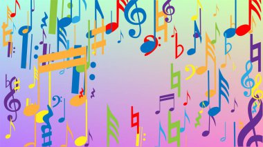Disko arka planı. Bir sürü rasgele Düşen Notalar, Bas ve G Clef. Renkli Müzik Notaları Sembolü Hologram Arkaplanına Düşüyor. Müzikal Sembollü Disko Vektör Şablonu.