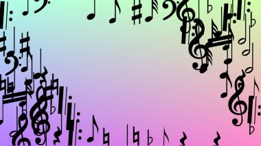 Disko arka plan. Birçok rasgele düşen notlar, bas ve G nota anahtarı. Hologram zemin üzerine düşen siyah müzik notaları sembolü. Disko vektör şablonu ile müzikal sembolleri.