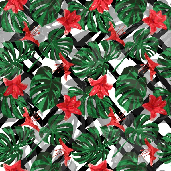 Plantas tropicais. Design de verão para roupa de banho. Exotic Palm Greenery Backdrop. Repita a ilustração. Vetor Plantas Tropicais Imprimir . — Vetor de Stock