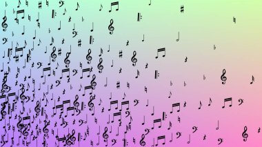 Disko arka plan. Hologram zemin üzerine düşen siyah müzik notaları sembolü. Birçok rasgele düşen notlar, bas ve G nota anahtarı. Disko vektör şablonu ile müzikal sembolleri.