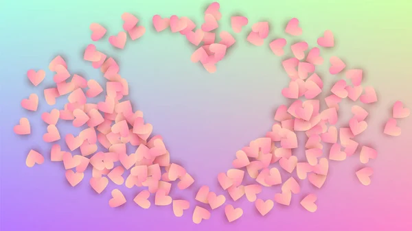Aftelkalender voor Valentijnsdag achtergrond. Sjabloon voor spandoek. Vele willekeurige vallende roze harten op Hologram achtergrond. Hart Confetti patroon. Vector Valentijnsdag achtergrond. — Stockvector
