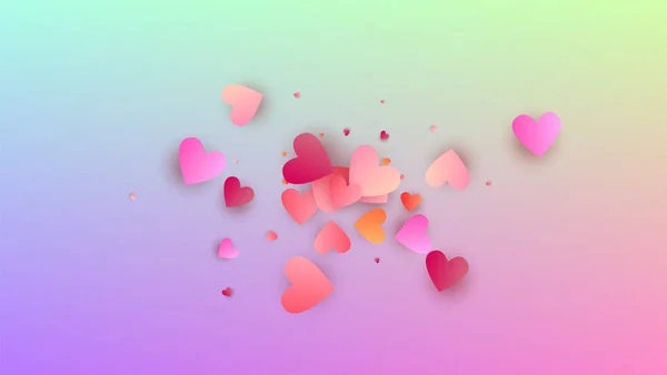Der Hintergrund des Valentinstages. viele zufällig fallende lila Herzen auf Hologrammhintergrund. Herz-Konfetti-Muster. Flyer-Vorlage. Vektor Valentinstag Hintergrund. — Stockvektor