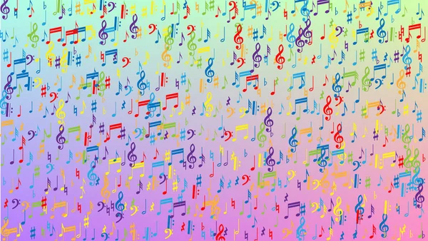 Disco achtergrond. Veel Random Falling Notes, Bass en, G Clef. Kleurrijke Musical Notes Symbool Vallen op Hologram Achtergrond. Disco vectorsjabloon met muzikale symbolen. — Stockvector