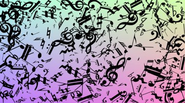 Disko arka plan. Birçok rasgele düşen notlar, bas ve G nota anahtarı. Hologram zemin üzerine düşen siyah müzik notaları sembolü. Disko vektör şablonu ile müzikal sembolleri.