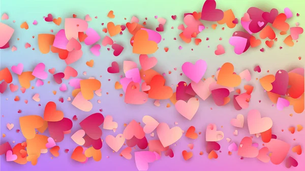 Der Hintergrund des Valentinstages. Herz-Konfetti-Muster. Einladungsvorlage. viele zufällig fallende rote Herzen auf Hologrammhintergrund. Vektor Valentinstag Hintergrund. — Stockvektor