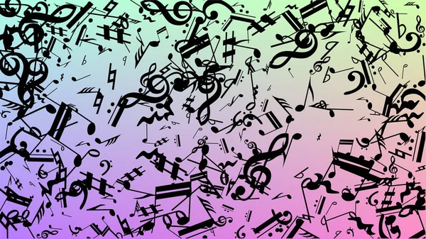 Disko arka plan. Birçok rasgele düşen notlar, bas ve G nota anahtarı. Hologram zemin üzerine düşen siyah müzik notaları sembolü. Disko vektör şablonu ile müzikal sembolleri.