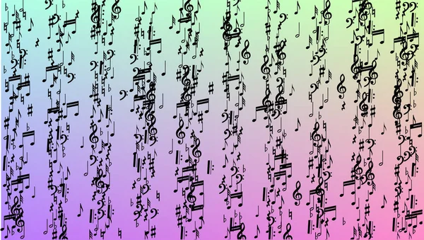 Disco de fondo. Muchas notas de caída aleatoria, Bass y, Clef agudos. Black Musical Notes Symbol Falling on Hologram Background (en inglés). Plantilla Disco Vector con Símbolos Musicales . — Archivo Imágenes Vectoriales