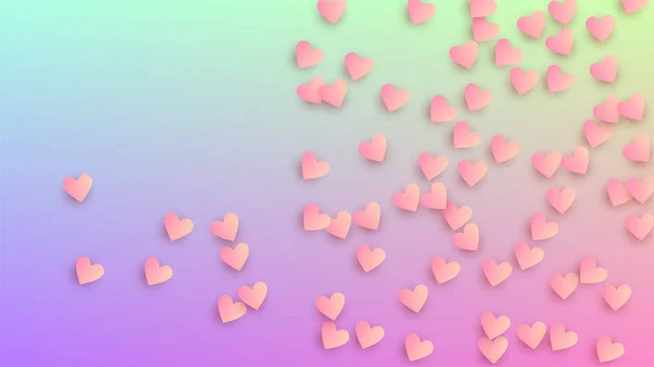 Fondo de boda. Plantilla de folleto. Patrón de Confetti del corazón. Muchos corazones rosados que caen al azar en el telón de fondo del holograma. Fondo de boda vectorial . — Vector de stock