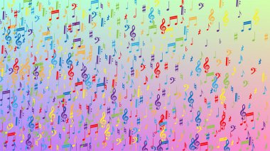 Disko arka planı. Renkli Müzik Notaları Sembolü Hologram Arkaplanına Düşüyor. Rastgele Düşen Notalar, Bas ve Üçlü Anahtar. Müzikal Sembollü Disko Vektör Şablonu.