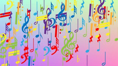 Disko arka planı. Bir sürü rasgele Düşen Notalar, Bas ve G Clef. Renkli Müzik Notaları Sembolü Hologram Arkaplanına Düşüyor. Müzikal Sembollü Disko Vektör Şablonu.