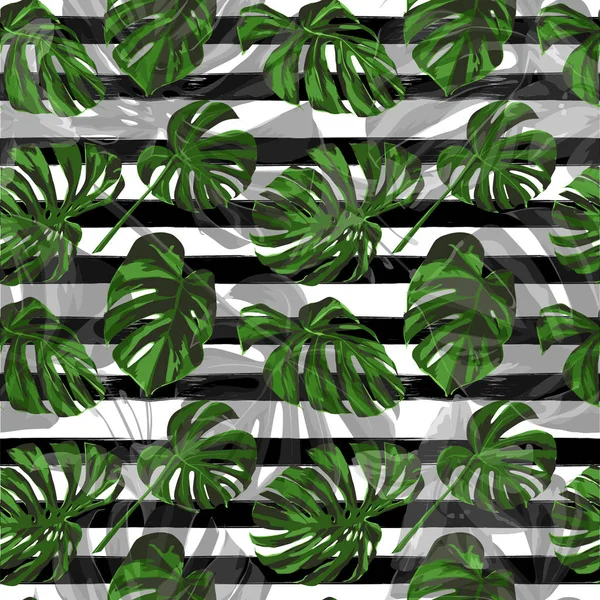 Tropical Pattern. Repeat Illustration. Summer Design for Swimwear. Exotic Palm Greenery Backdrop. Tropical Pattern with Monstera Leaves. — Stock Vector
