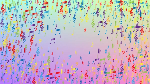 Contexte disco. Many Random Falling Notes, Bass and, Treble Clef. Symbole de notes musicales colorées tombant sur fond d'hologramme. Modèle vectoriel disco avec symboles musicaux. — Image vectorielle