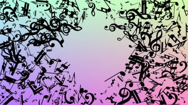 Disko arka plan. Hologram zemin üzerine düşen siyah müzik notaları sembolü. Birçok rasgele düşen notlar, bas ve tiz nota anahtarı. Disko vektör şablonu ile müzikal sembolleri.