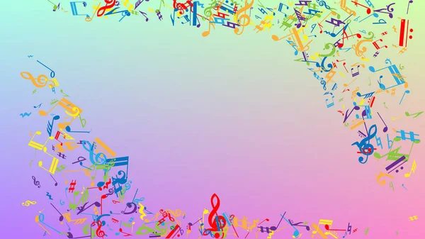 Disco-Hintergrund. Viele zufällig fallende Noten, Bass und, Violinschlüssel. Bunte Notensymbole fallen auf Hologrammhintergrund. Disco Vector Template mit musikalischen Symbolen. — Stockvektor